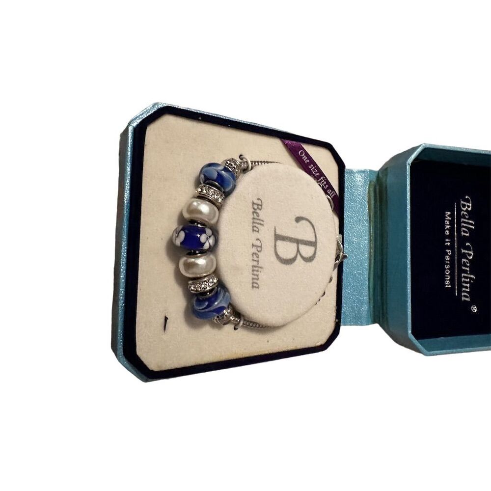 Bella Perlina Charm Bracelet Blue Glass Beads Angel & Flower Theme Stackable